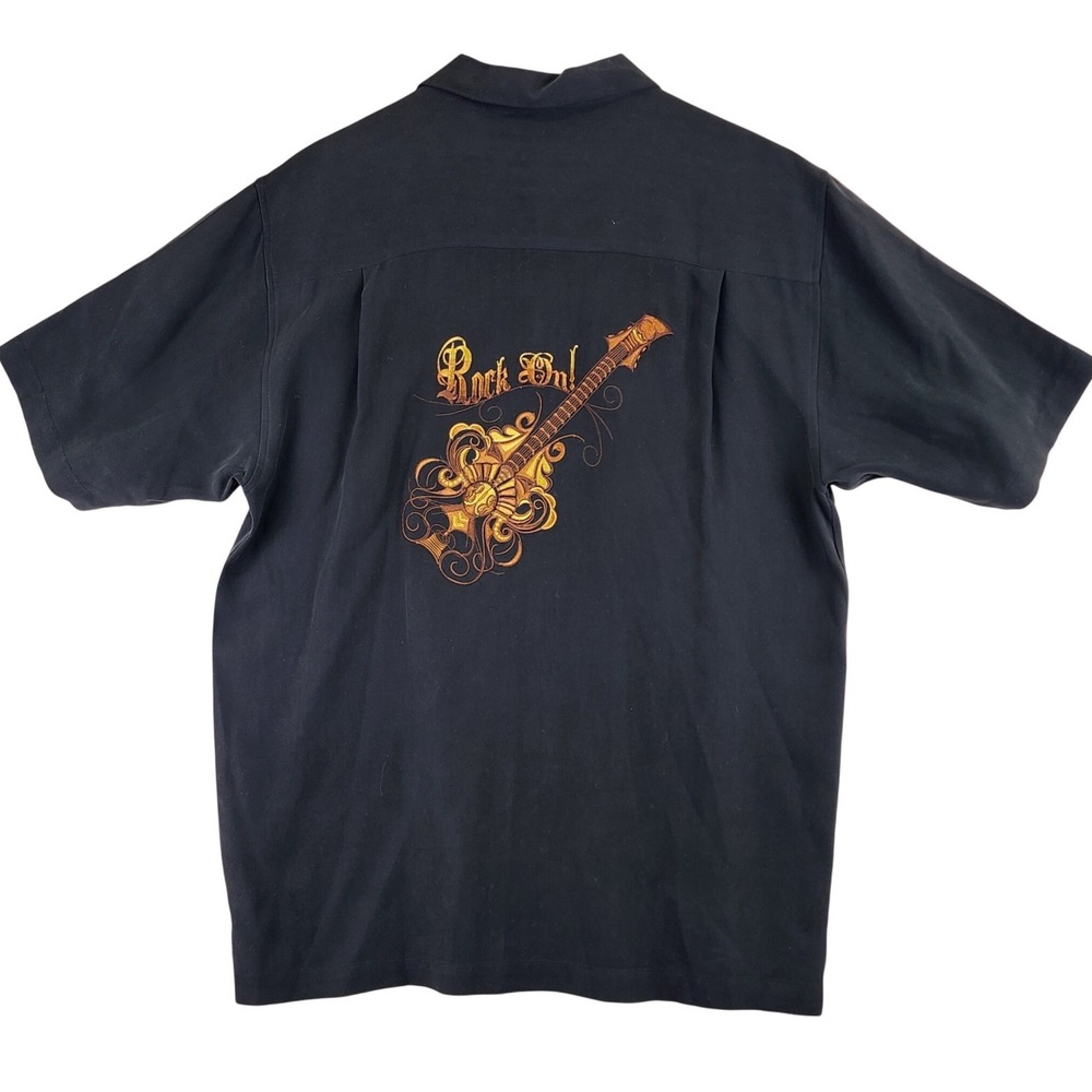 Luau 100% Silk Rock On Guitar Embroidered‎ Herringbone Shirt Mens Medium Black
